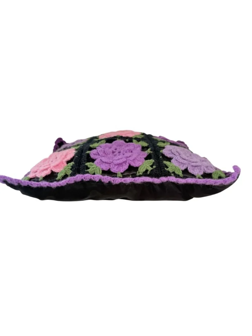 Handmade Crochet 3D Floral Granny Square Throw Pillow Purple Pink Black 16x16
